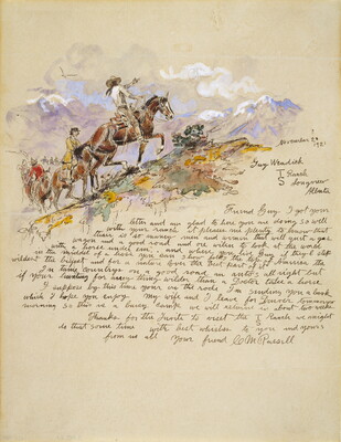 An ink and watercolor drawing of figures on horseback riding uphill above a hand-written letter.