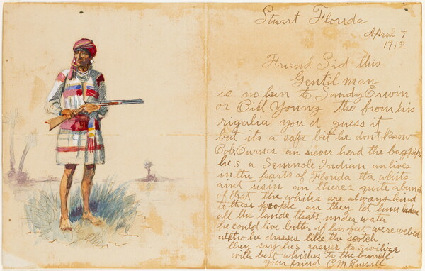 A watercolor drawing of a Native American in a red turban and red-and-white striped tunic holding a rifle in his arms next to a handwritten letter.