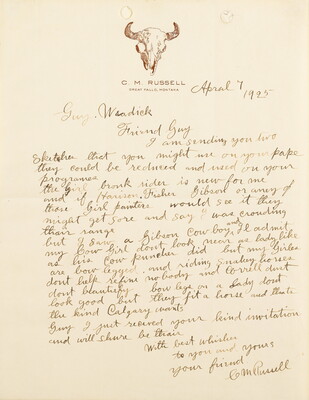 A hand-written letter in brown ink on stationery with a cow skull printed on top of the page.