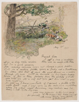 Above a letter addressed to "Friend Jim," a color drawing of two boys, each holding a watermelon, and a dog jumping over a fence away from a man pointing a rifle at them.