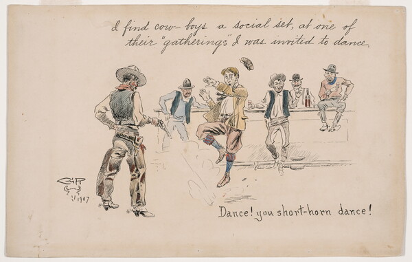 A watercolor drawing of a White cowboy dancing in a saloon as another cowboy shoots at his feet, and several others watch from the bar.