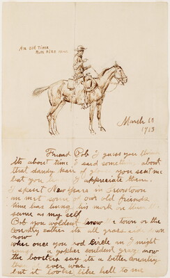 A watercolor illustration in brown of a cowboy on a horse above a letter written in cursive.