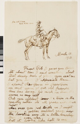 A watercolor illustration in brown of a cowboy on a horse above a letter written in cursive.