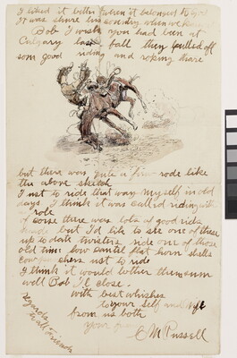 A handwritten letter with a watercolor drawing of a cowboy being thrown head-over-heels off a bucking horse.