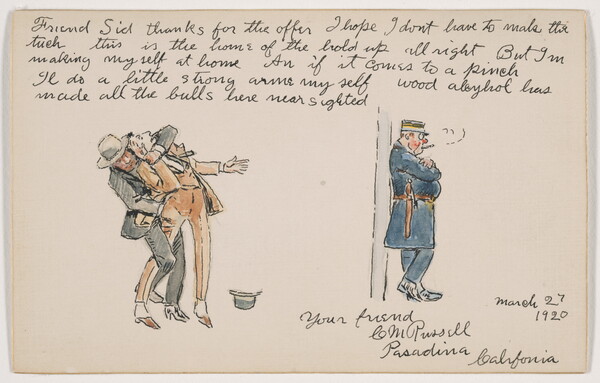 A watercolor and ink drawing of a man in a gray suit mugging a man in a yellow suit as a police officer looks the other way; handwritten text surrounds the drawing.