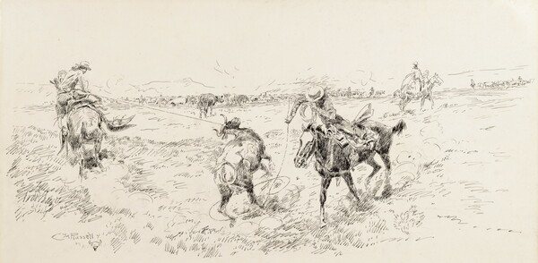 A black-and-white drawing of two cowboys on horseback roping a steer on a plain.