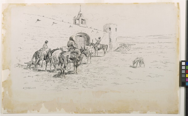 A black-and-white drawing of a group of people leading their horses along the outside of a fort wall.