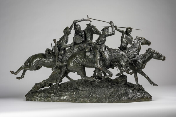 A bronze sculpture of Native American and White figures on horseback fighting with swords and spears.