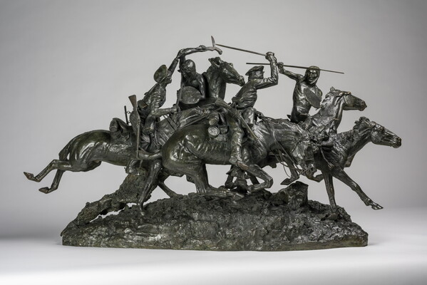 A bronze sculpture of Native American and White figures on horseback fighting with swords and spears.