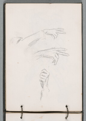 Pencil sketches of three hands in various positions in a ringed sketchbook.
