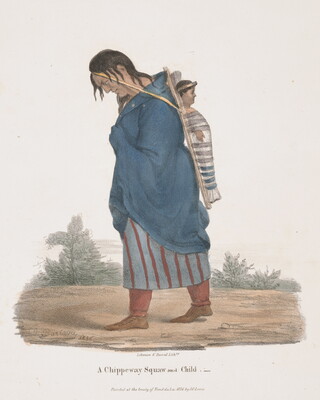 A color print of an Indigenous woman with long hair, a blue blanket or shawl wrapped over a red and gray dress, a child on a cradleboard slung on her back.