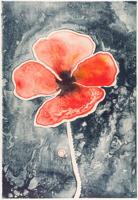 An abstract color print of a single red flower with a black and gray background.