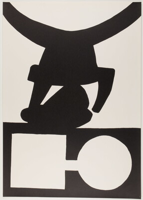 A black-and-white print of abstract geometric and curved shapes stacked on top of one another.