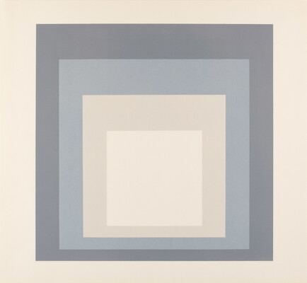 An abstract color print of four squares nested from largest to smallest in gray, blue, cream, and white.
