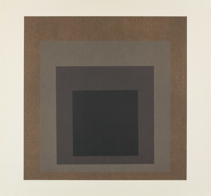 An abstract color print of four squares nested from largest to smallest in brown, light gray, dark gray, and black.