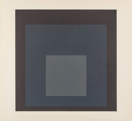 An abstract color print of three squares nested from largest to smallest in brown, blue, and light blue.