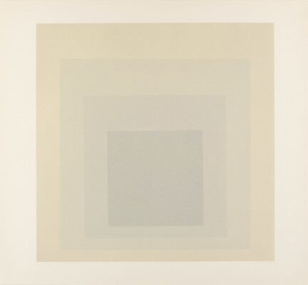 An abstract color print of four squares nested from largest to smallest in tan, light gray, medium gray, and dark gray.