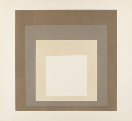 An abstract color print of four squares nested from largest to smallest in brown, gray, cream, and white.