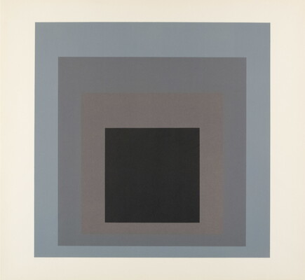 An abstract color print of four squares nested from largest to smallest in blue, gray, brown, and black.