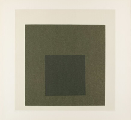 An abstract color print of three squares nested from largest to smallest in cream, green, and dark green.