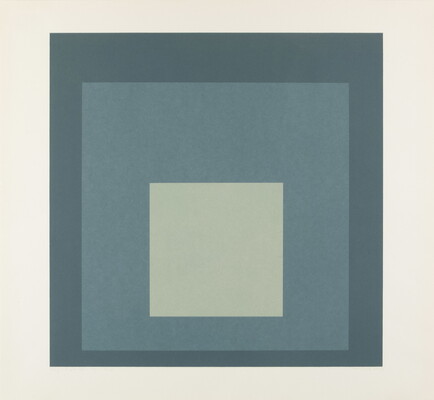 An abstract color print of three squares nested from largest to smallest in blue, light blue, and light green.