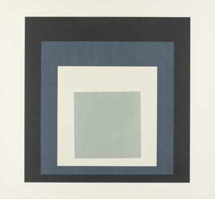 An abstract color print of four squares nested from largest to smallest in brown, blue, cream, and gray.