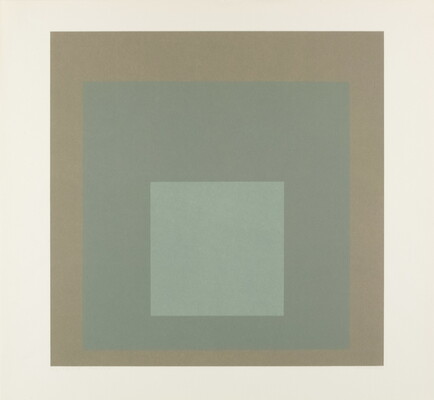An abstract color print of three squares nested from largest to smallest in brown, green, and light green.