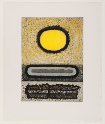 An abstract color print of a yellow sun with a thick black outline floating above textured rectangular and oval shapes on a speckled background.
