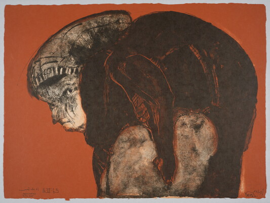 An abstract black-and-white print of a figure holding an animal on its shoulder on a red background.
