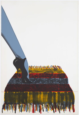 A color print of a woman's leg wearing pointy black high heels stepping on a red, blue, and yellow rectangular rug with tassels.