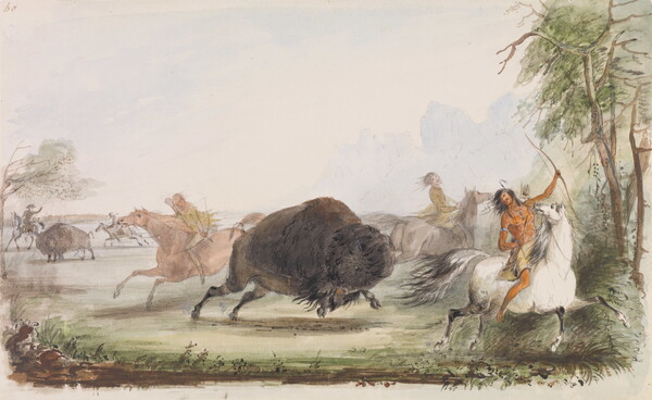 A watercolor of a group of Indigenous people on horses around a bison.
