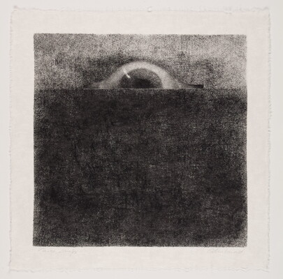 An abstract black-and-white print of an eye rising like the sun from behind a textured dark gray field.