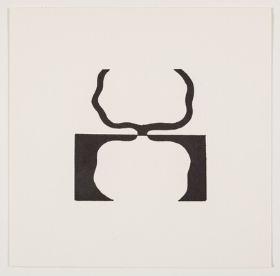 A black-and-white print of abstract, tree-like shapes: on the top, a black outline on white, and reflected on the bottom, a white shape on black.