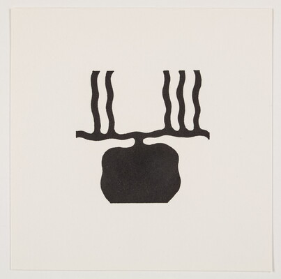 A black-and-white print of an abstract, almost round black shape under horizontal and vertical wavy black lines.