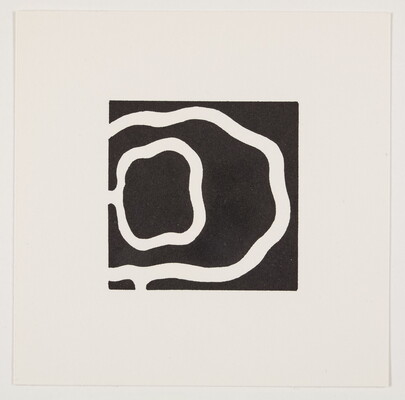 A black-and-white print of a black square with thick, circular wavy white lines.