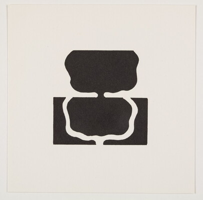 A black-and-white print of abstract, tree-like shapes: on the top, a black shape on white, and on the bottom, a white outline on black.