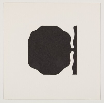 A black-and-white print of an abstract, tree-like black shape connected to a vertical, wavy black line at the right edge.