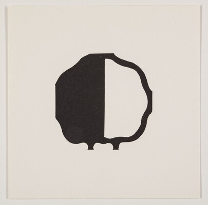 A black-and-white print of an abstract, almost round shape outlined in black, the left half black and the right half white.