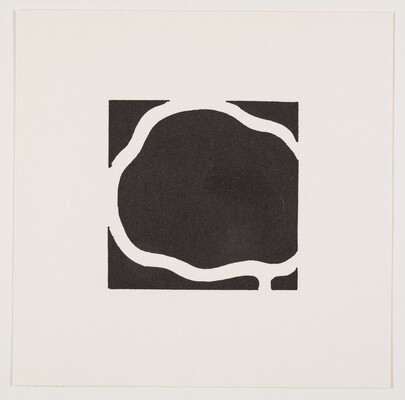 A black-and-white abstract print of a wavy black circle outlined in white.