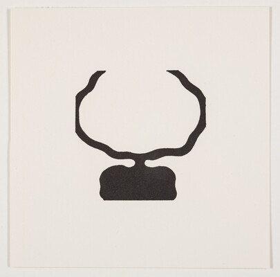 A black-and-white abstract print of a wavy white circle outlined in black above a wavy black rectangle.