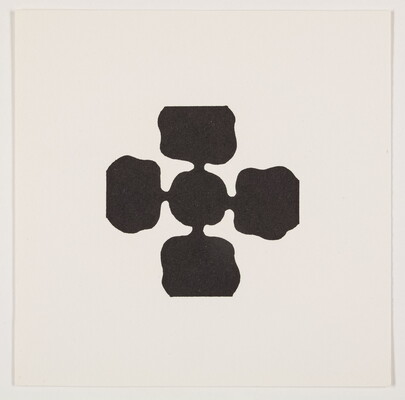 A black-and-white abstract print of five wavy black circles, one in the center and one at top, bottom, left, right.