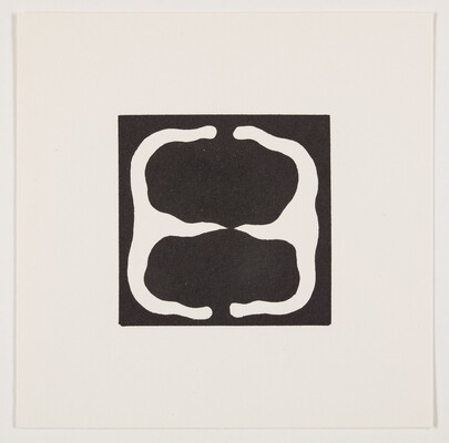 A black-and-white abstract print of two wavy black ovals outlined in white, on a black background.