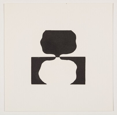 A black-and-white abstract print of a black tree-like shape and its mirror image in white underneath it.