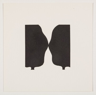 A black-and-white abstract print of two wavy black ovals touching at the center. 