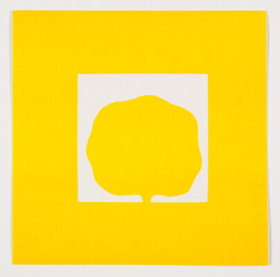A color print of an abstract, yellow tree-like shape in a white box on a yellow background.