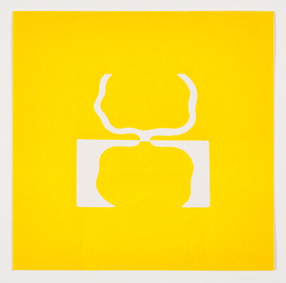 A color print of abstract, tree-like shapes: on the top, a white outline on yellow, and reflected on the bottom, a yellow shape on white.