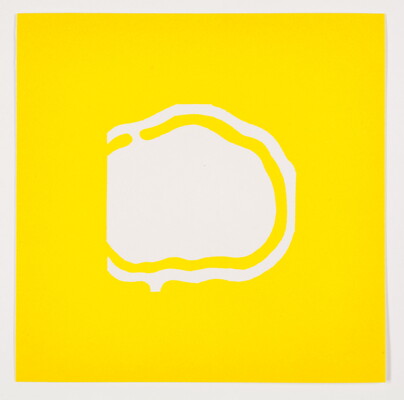 A color print of an abstract, almost round white shape outlined in yellow and then outlined in white on a yellow background.