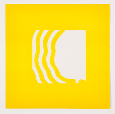 A color print of an abstract white shape on the right with thick white wavy lines radiating out from it on the left on a yellow background.