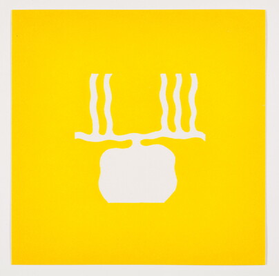 A color print of an abstract, almost round white shape under horizontal and vertical wavy white lines on a yellow background.