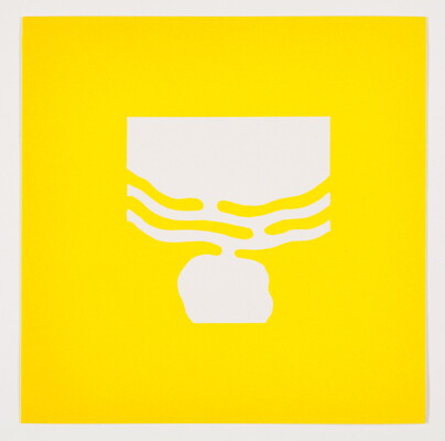 A color print of an abstract, almost round partial white shape at the top with white wavy lines around it and an almost-round white shape underneath all on a yellow background.